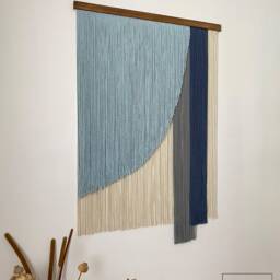 Sky Blue Fiber Wall Art, Large Curved Arc Macrame Hanging, Modern Asymmetric Geometric Yarn Decor, Handmade Textile Tapestry - thumbnail 2