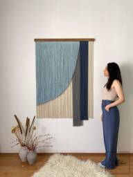Sky Blue Fiber Wall Art, Large Curved Arc Macrame Hanging, Modern Asymmetric Geometric Yarn Decor, Handmade Textile Tapestry