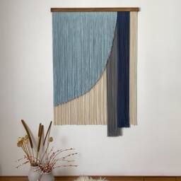 Sky Blue Fiber Wall Art, Large Curved Arc Macrame Hanging, Modern Asymmetric Geometric Yarn Decor, Handmade Textile Tapestry - thumbnail 3