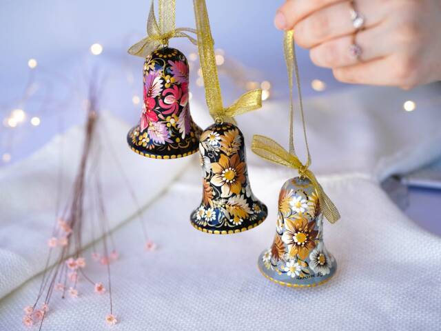 Set Of 3 Christmas Ornaments - Personalized Ukrainian Bell Ornaments, Hand-Painted Wooden Tree Decorations - image 1
