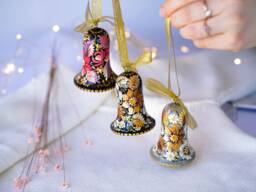 Set Of 3 Christmas Ornaments - Personalized Ukrainian Bell Ornaments, Hand-Painted Wooden Tree Decorations - thumbnail 1