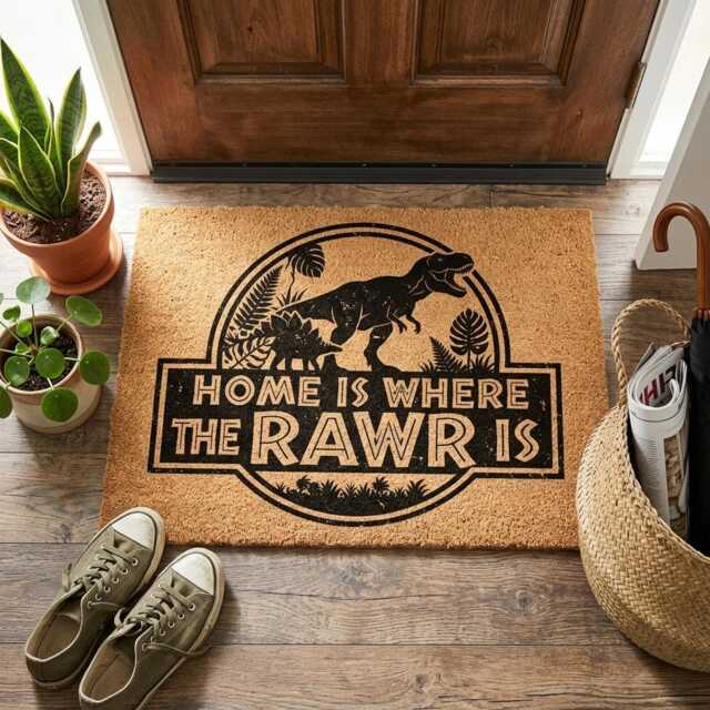 Home Is Where The Rawr - Dinosaur Doormat, Movie Lover Gift, Fandom Decor - image 1