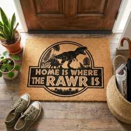 Home Is Where The Rawr - Dinosaur Doormat, Movie Lover Gift, Fandom Decor - thumbnail 1