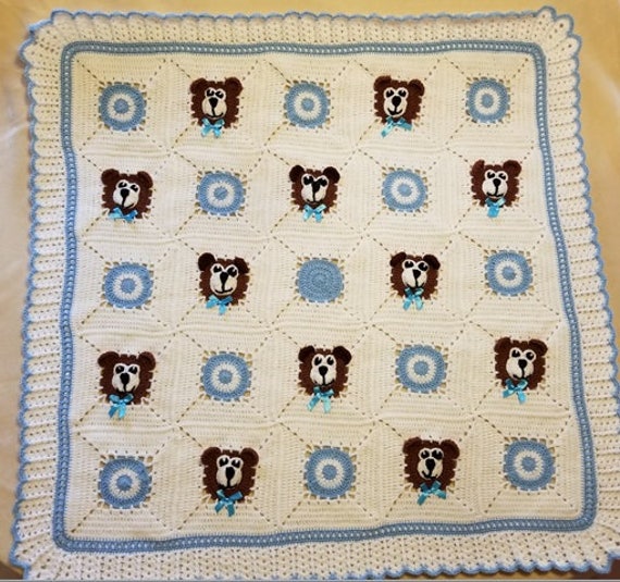 Crochet White & Blue Baby Blanket With Teddy Bears, Bears For Little Boy. Shower Gift Take Me Home. Custom Order Avalable - image 1