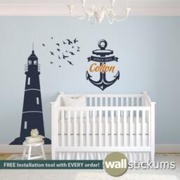 Nautical Wall Decor Set - Lighthouse Decal With Birds & Personalized Anchor Wd0156 Wd0012 - thumbnail 2