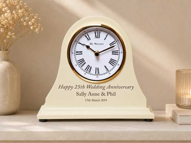 25Th Wedding Anniversary Couple Gift Personalised Engraved Beige Wooden Mantel Clock Silver Gifts For Son Daughter Mum Dad Etc - image 1