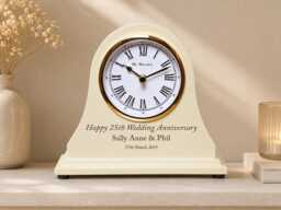25Th Wedding Anniversary Couple Gift Personalised Engraved Beige Wooden Mantel Clock Silver Gifts For Son Daughter Mum Dad Etc - thumbnail 1