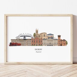 Derby Skyline Print, Hand Drawn Illustrated Poster, Colourful Wall Art, Housewarming Gift, New Home, Detailed Cityscape - thumbnail 1