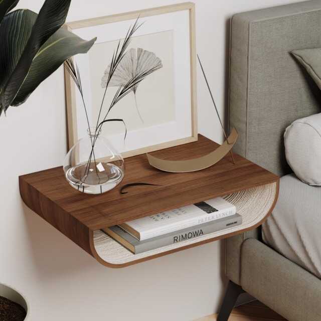 Floating Nightstand Wall Mounted, Modern Walnut Wood Bedside Nightstand, Unique Hanging Oak Nightstands - image 1
