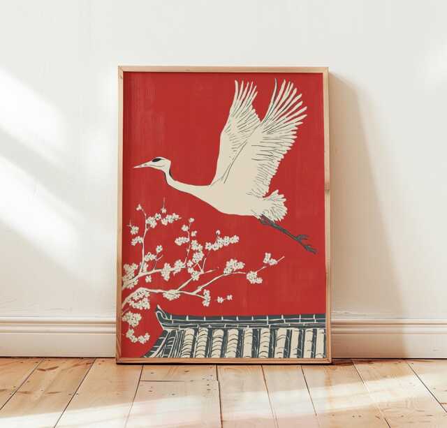 Japanese Crane Poster, Red Wall Art, Asian Bird Print - image 1