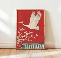 Japanese Crane Poster, Red Wall Art, Asian Bird Print - thumbnail 1