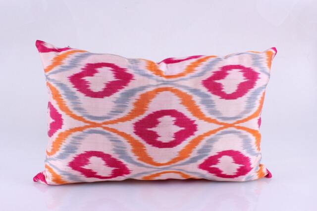 Ikat Silk Velvet Pillow 16x24 - Handmade Boho Cushion Cover Turkish Home Decor Accent - image 1
