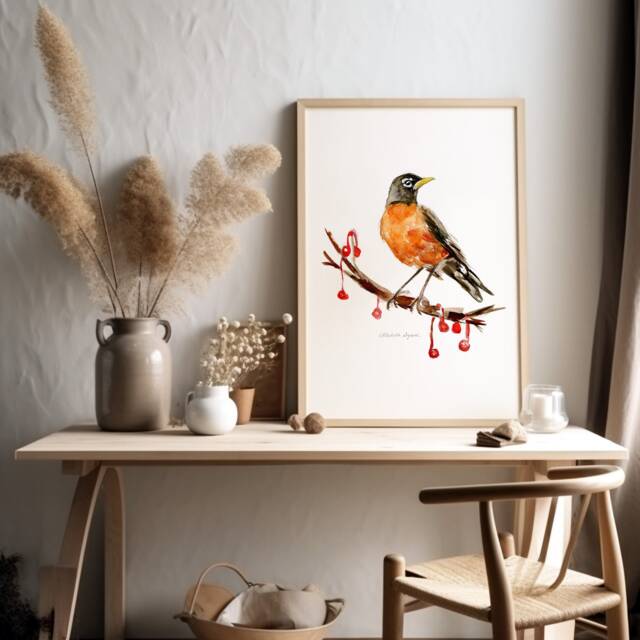 American Robin Watercolor Painting, North Bird Art Print - image 1