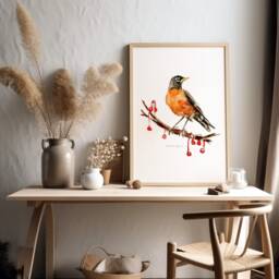 American Robin Watercolor Painting, North Bird Art Print - thumbnail 1