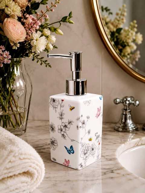 Secret Garden Soap Dispenser Porcelain 200 Ml 7Oz Flowers Butterflies Bees Liquid Pump Hand Decorated UK - image 1