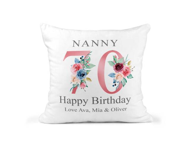 70Th Birthday Gift For Women, Personalised Cushion/Pillow Nanny With Kids Names, Floral Design, Grandma, Gran, 1951