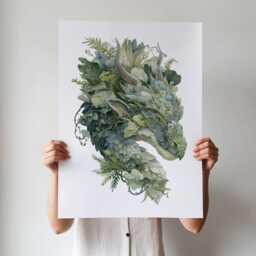 Botanical Dragon Art Print - Green Fantasy Creature Illustration Poster Framed & Unframed Options Available - thumbnail 3