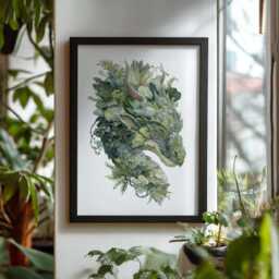 Botanical Dragon Art Print - Green Fantasy Creature Illustration Poster Framed & Unframed Options Available - thumbnail 1