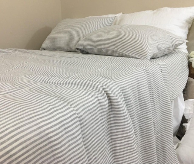 Grey & White Striped Linen Bed Sheets, Top Sheet, Fitted 2 Pillow Cover, Neutral Stripes For Him Her - image 1