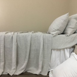 Grey & White Striped Linen Bed Sheets, Top Sheet, Fitted 2 Pillow Cover, Neutral Stripes For Him Her - thumbnail 3