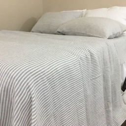 Grey & White Striped Linen Bed Sheets, Top Sheet, Fitted 2 Pillow Cover, Neutral Stripes For Him Her - thumbnail 4
