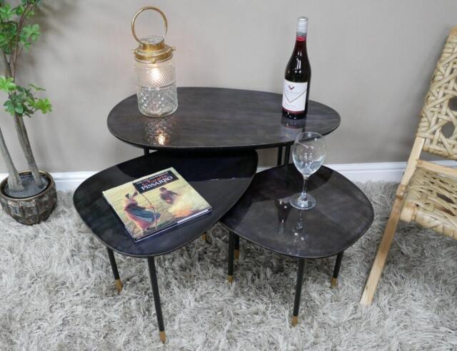 Set Of 3 High Gloss Mango Wood Coffee/Side Tables With Black & Gold Iron Legs - image 1