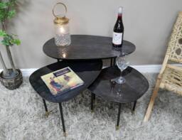 Set Of 3 High Gloss Mango Wood Coffee/Side Tables With Black & Gold Iron Legs