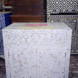 Designer Mother Of Pearl Inlay White Floral Pattern Large Bedside Table - thumbnail 3