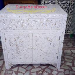 Designer Mother Of Pearl Inlay White Floral Pattern Large Bedside Table - thumbnail 2