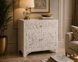 Designer Mother Of Pearl Inlay White Floral Pattern Large Bedside Table