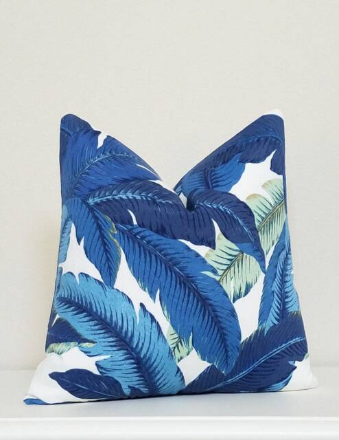 Blue Tropical Print Palm Leaf Pillow - Palm Frond Pillow Cover- Ring Bearer Alternative Wedding Hawaiian All Sizes Available