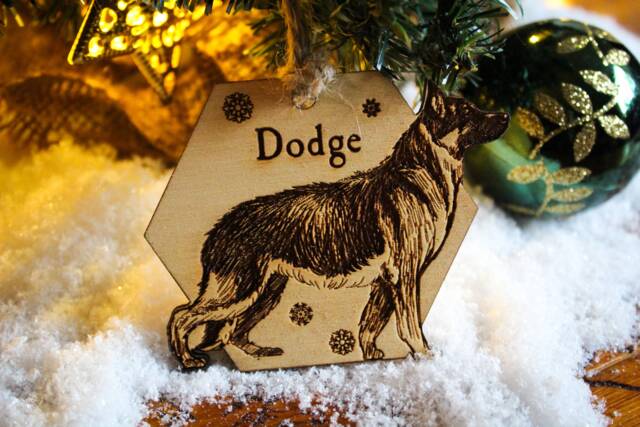 German Shepherd Personalised Wooden Bauble Ornament Dog Name Breed Gift Quirky Rustic Laser Wood Burned Ornate Lover Pet Decoration - image 1