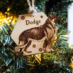 German Shepherd Personalised Wooden Bauble Ornament Dog Name Breed Gift Quirky Rustic Laser Wood Burned Ornate Lover Pet Decoration - thumbnail 3