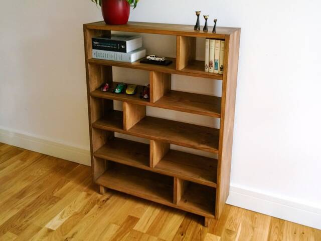 Solid Wood Bookcase Display Shelves, Low Shelving Unit With Staggered Shelves - image 1