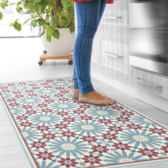 Vinyl Floor Mat With Moroccan Tiles in Blue & Red. Kitchen Rug Zellige Design. Vinyl Rug, Bath Mat, Pet Mat. Art Mat - image 1
