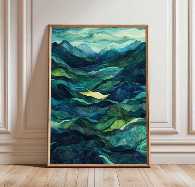 Abstract Mountain Landscape Poster, Colorful Geometric Art Print, Nature Art, Rolling Hills & Green Valleys, Modern Wall Decor - image 1
