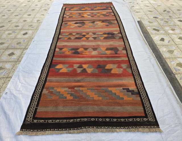 Rust Orange Brown Geometric Wool Carpet Vintage Handwoven Kilim 4x10, Boho Tribal Flatweave Hallway Rug - image 1