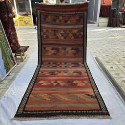 Rust Orange Brown Geometric Wool Carpet Vintage Handwoven Kilim 4x10, Boho Tribal Flatweave Hallway Rug - thumbnail 2
