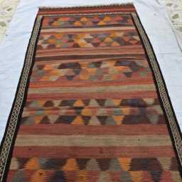 Rust Orange Brown Geometric Wool Carpet Vintage Handwoven Kilim 4x10, Boho Tribal Flatweave Hallway Rug - thumbnail 3