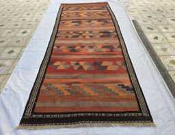 Rust Orange Brown Geometric Wool Carpet Vintage Handwoven Kilim 4x10, Boho Tribal Flatweave Hallway Rug - thumbnail 1