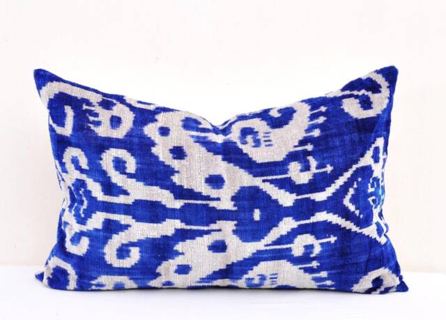 Navy Blue Velvet Ikat Pillow Cover, Handloom Silk Cushion - image 1