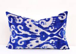 Navy Blue Velvet Ikat Pillow Cover, Handloom Silk Cushion - thumbnail 1