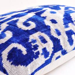 Navy Blue Velvet Ikat Pillow Cover, Handloom Silk Cushion - thumbnail 2
