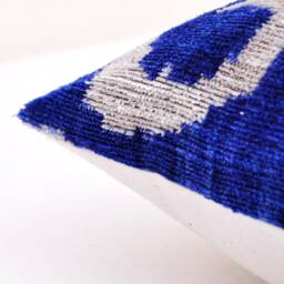 Navy Blue Velvet Ikat Pillow Cover, Handloom Silk Cushion - thumbnail 3