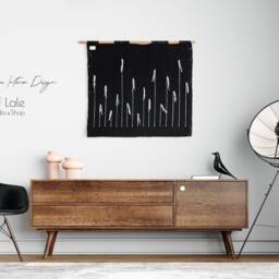 Black Macrame Wall Hanging - Large Modern Woven Tapestry Minimalist Fiber Art & White Decor Rustic Bamboo - thumbnail 4