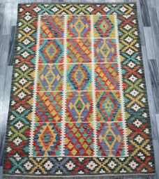 Tribal Kilim Rug, Handmade Artisan Afghan Turkish, Scandinavian, Navajo, Bohemian Flatweave, Natural Wool Multicolour Rug 200x150 cm - thumbnail 1
