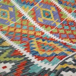 Tribal Kilim Rug, Handmade Artisan Afghan Turkish, Scandinavian, Navajo, Bohemian Flatweave, Natural Wool Multicolour Rug 200x150 cm - thumbnail 2