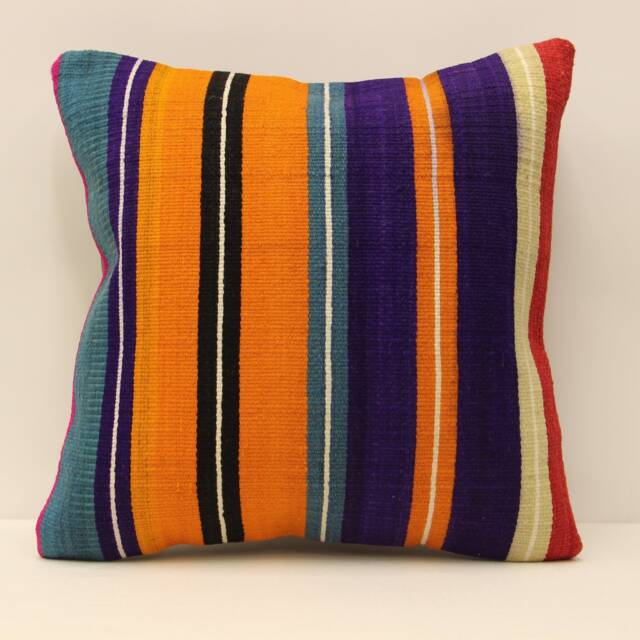 Vintage Turkish Kilim Pillow Cover, Striped Wool Cushion - 18x18 - image 1