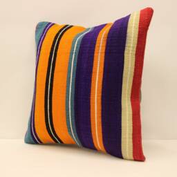 Vintage Turkish Kilim Pillow Cover, Striped Wool Cushion - 18x18 - thumbnail 3
