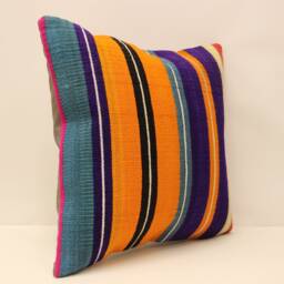 Vintage Turkish Kilim Pillow Cover, Striped Wool Cushion - 18x18 - thumbnail 2